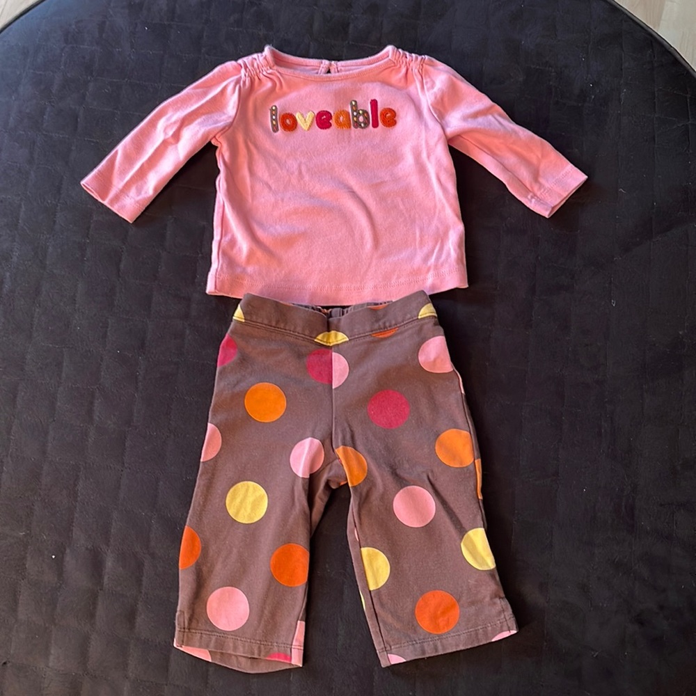 Gymboree 2 Piece Outfit. Pink long sleeve shirts & brown polka dot leggings.